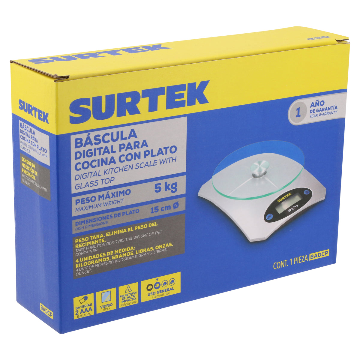 B‡scula digital para cocina con plato 5 Kg Surtek