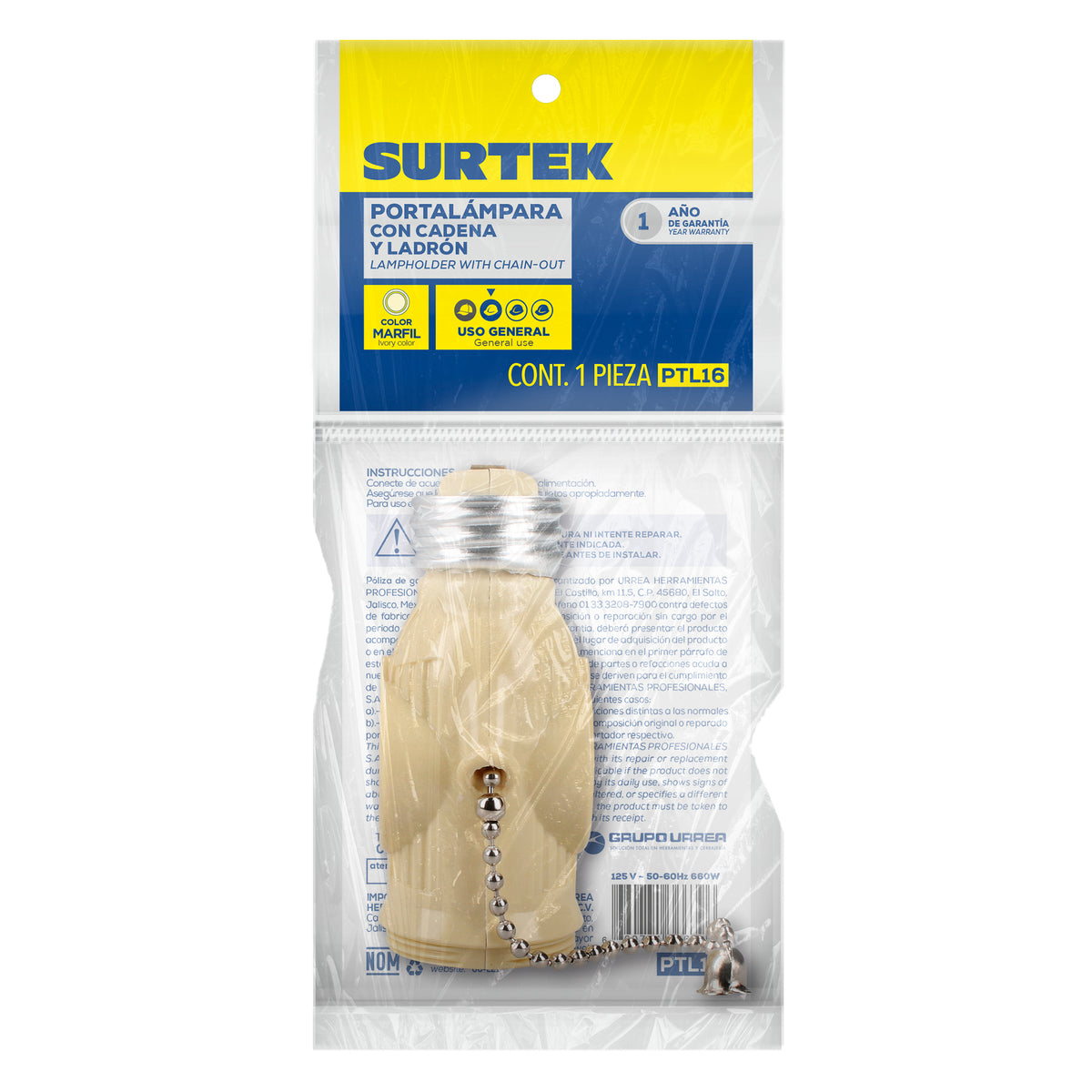 Portal‡mpara con cadena y ladr—n, color marfil Surtek