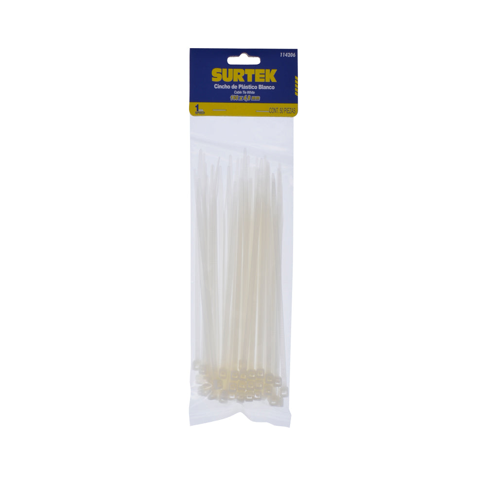 Paquete de 12 piezas de Cinchos plásticos 160 x 4.8 mm, tensión 27 Kg de 50 piezas color natural Surtek