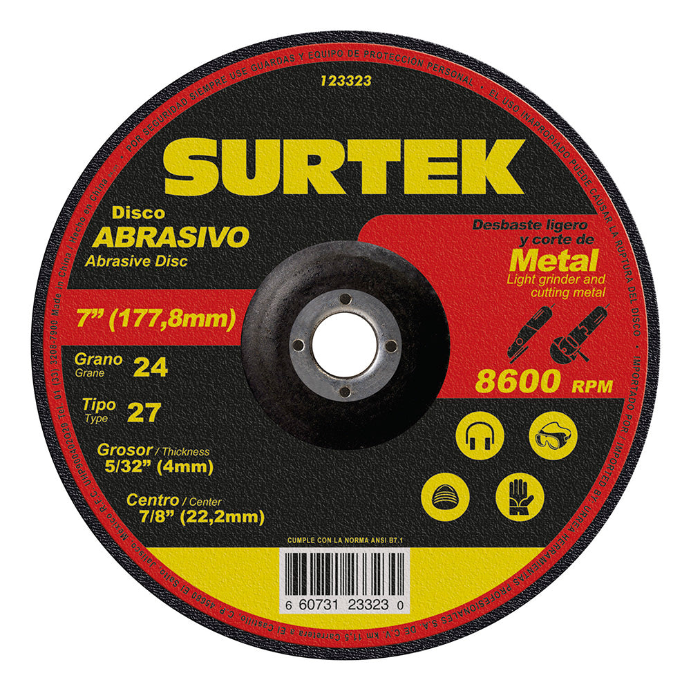 Paquete de 5 piezas de Disco abrasivo tipo 27 para metal 7" x 5/32" Surtek