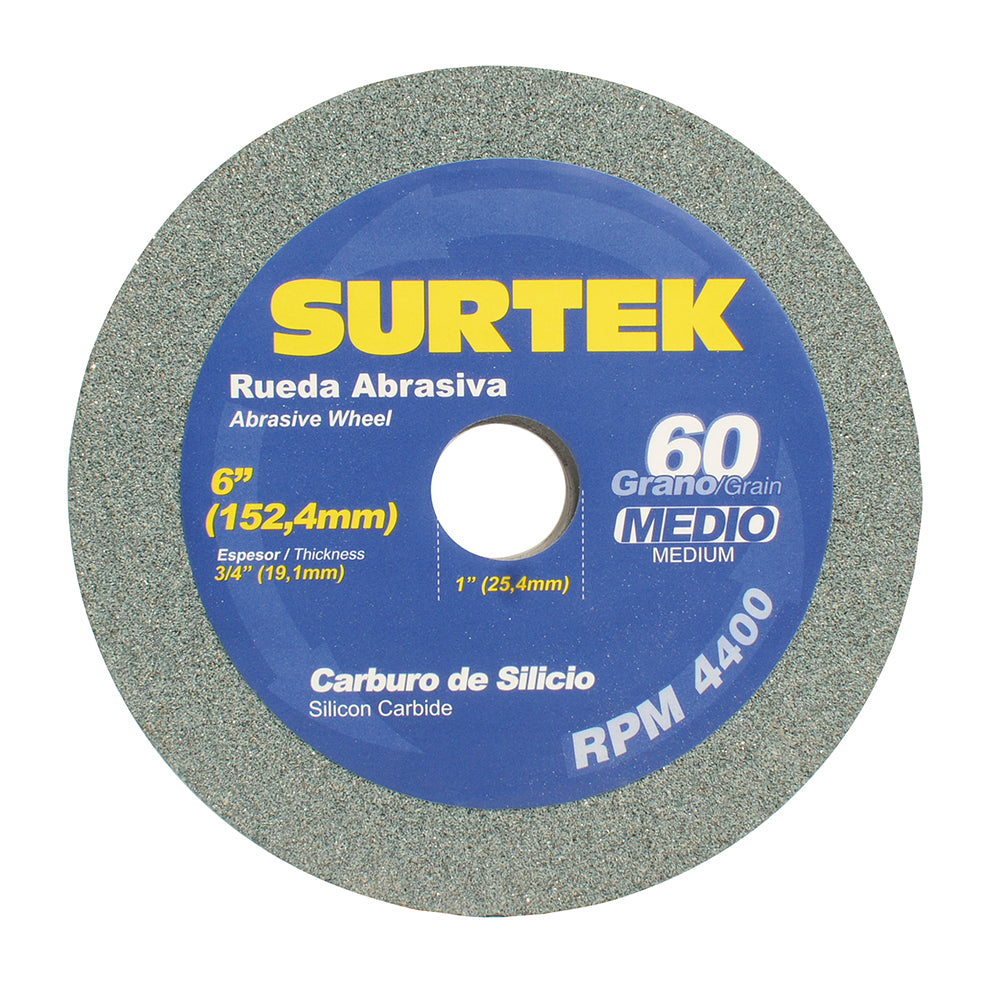 Rueda abrasiva de carburo de silicio grano 60, 6" x 3/4" Surtek
