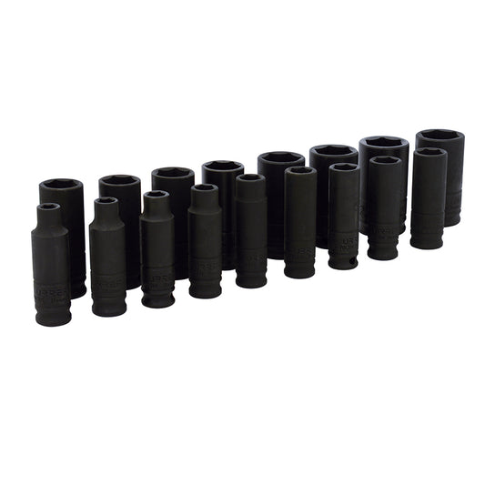 Juego de dados largos de impacto métricos cuadro de 3/8", 12 puntas, 17 piezas Urrea