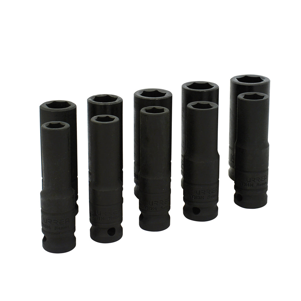 Juego de dados largos de impacto cuadro de 1/2", métricos, 6 puntas, 10 piezas Urrea