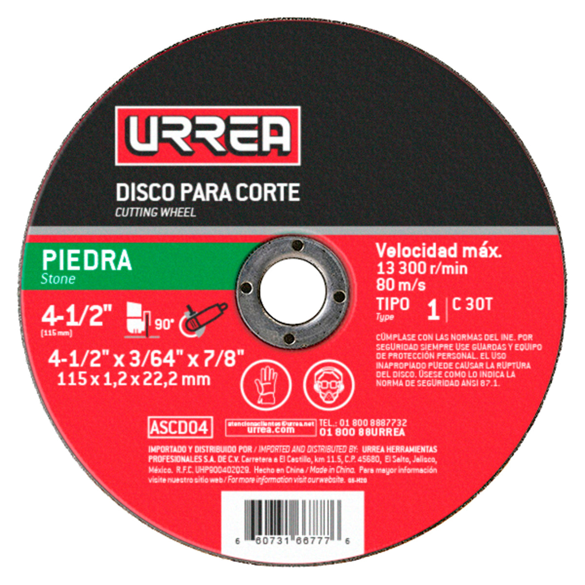 Paquete de 10 piezas de Disco abrasivo tipo 1 para piedra 4-1/2" x 3/64" Urrea