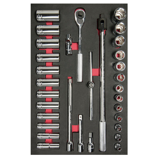 Juego de dados cortos y largos y accesorios cuadro de 1/2" en pulgadas, 32 piezas Urrea