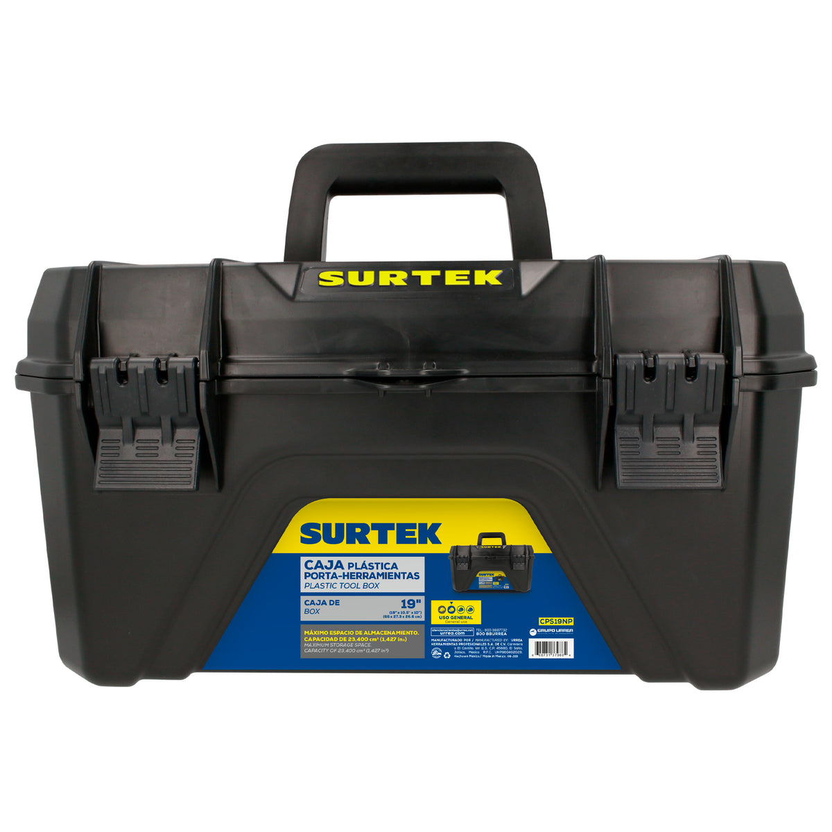 Caja portaherramientas pl‡stica color negro con broches pl‡sticos y charola 19" Surtek