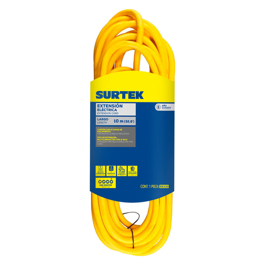 Extensi—n elŽctrica uso extra rudo aterrizada color amarillo, 10 m Surtek