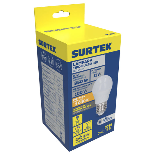 L‡mpara de LED tipo bulbo A19, 11 W luz c‡lida Surtek
