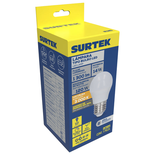 L‡mpara de LED tipo bulbo A19, 14 W luz c‡lida Surtek