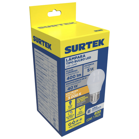 L‡mpara de LED tipo bulbo A19, 5 W luz c‡lida Surtek