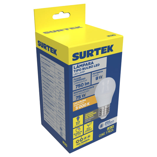 L‡mpara de LED tipo bulbo A19, 9 W luz c‡lida Surtek