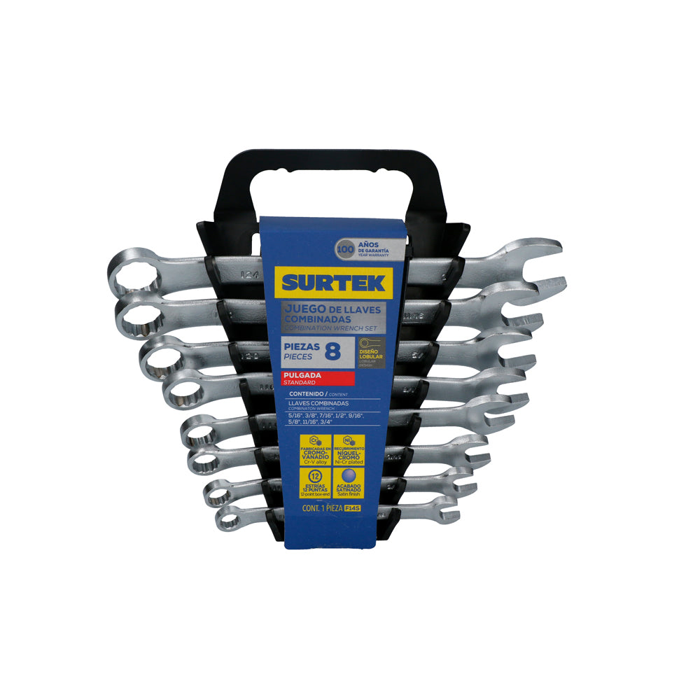 Juego de llaves combinadas pulido espejo en pulgadas, 12 puntas, 8 piezas Surtek