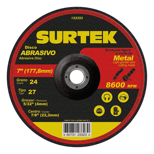 Paquete de 5 piezas de Disco abrasivo tipo 27 para metal 7" x 5/32" Surtek