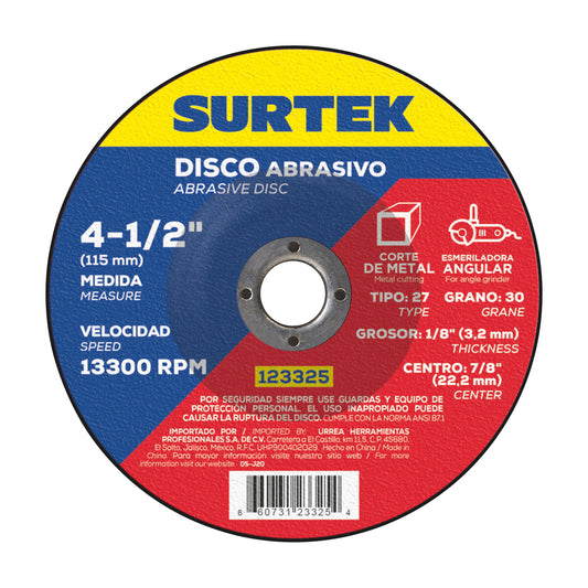 Paquete de 5 piezas de Disco abrasivo tipo 27 para metal 4-1/2" x 1/8" Surtek