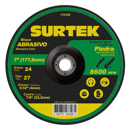 Paquete de 5 piezas de Disco abrasivo tipo 27 para piedra 7" x 5/32" Surtek