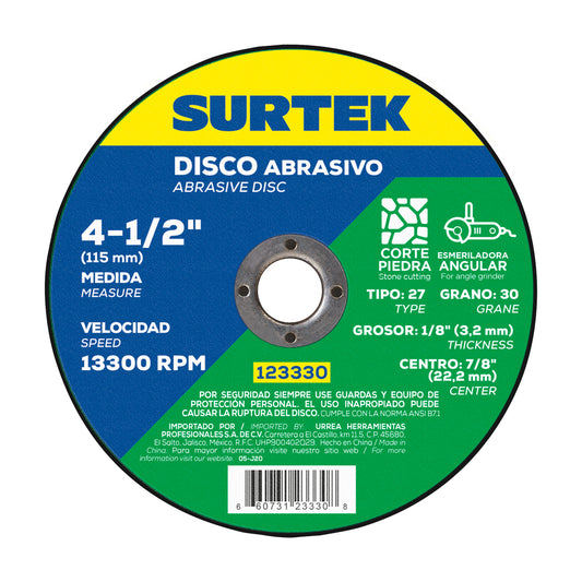Paquete de 5 piezas de Disco abrasivo tipo 27 para piedra 4-1/2" x 1/8" Surtek
