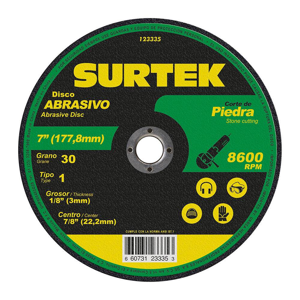 Paquete de 5 piezas de Disco abrasivo tipo 1 para piedra 7" x 9/64" Surtek