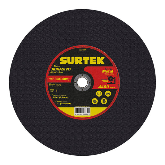Paquete de 5 piezas de Disco abrasivo tipo 1 para metal 14" x 7/64" para máquina estacionaria Surtek