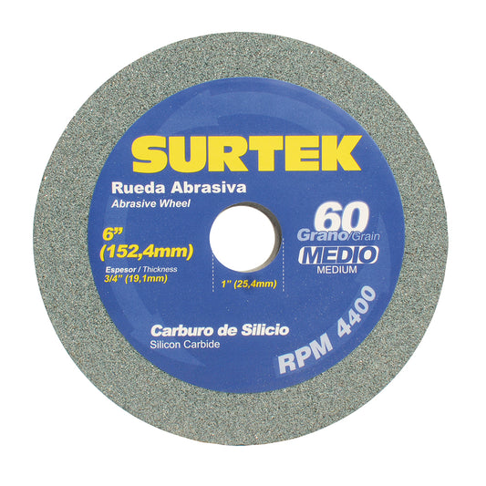 Rueda abrasiva de carburo de silicio grano 60, 6" x 3/4" Surtek
