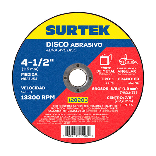 Paquete de 5 piezas de Disco abrasivo tipo 1 para metal 4-1/2" x 1.2 mm Surtek