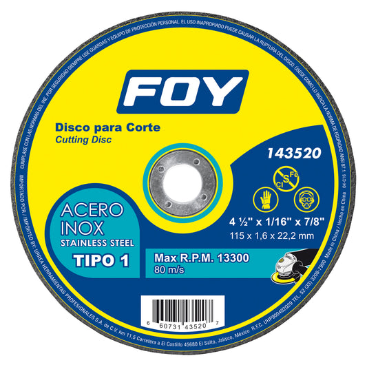 Paquete de 5 piezas de Disco abrasivo tipo 1 para metal  4-1/2" x 1.6 mm Foy