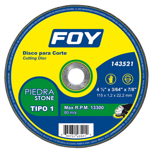 Paquete de 5 piezas de Disco abrasivo tipo 1 para piedra 4-1/2" x 1.2 mm Foy