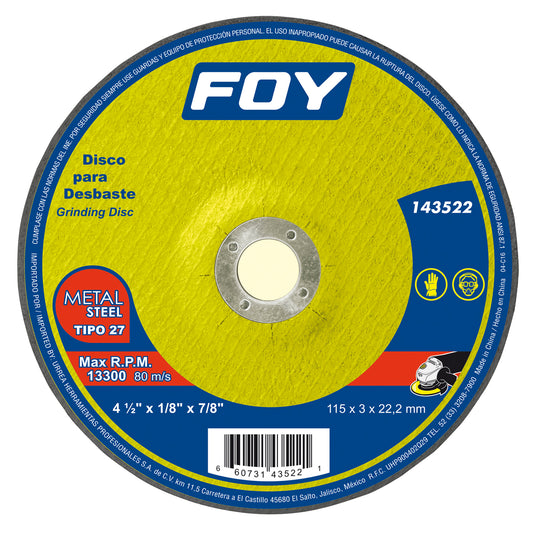 Paquete de 5 piezas de Disco abrasivo tipo 27 para metal 4-1/2" x 3 mm Foy