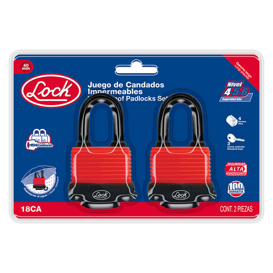 Juego de candados impermeables largos 40 mm, llave estándar, 2 piezas Lock