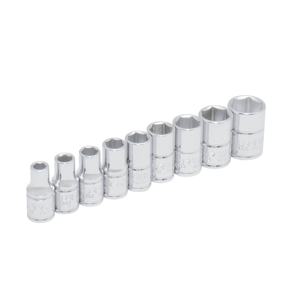 Juego de dados cuadro de 1/4", 6 puntas, en pulgadas, en riel, 9 piezas Urrea