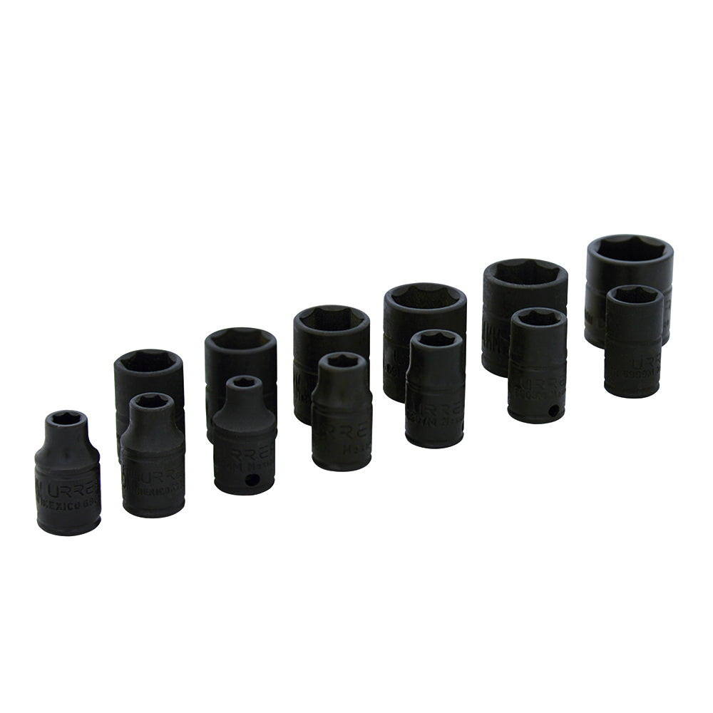 Juego de dados de impacto cuadro de 1/4", métricos, 6 puntas, 13 piezas Urrea
