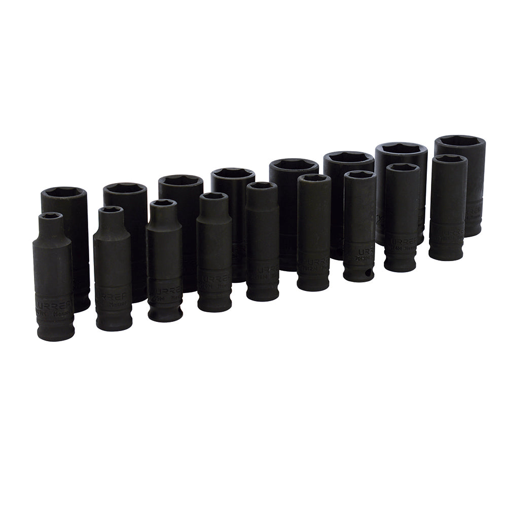 Juego de dados largos de impacto métricos cuadro de 3/8", 12 puntas, 17 piezas Urrea