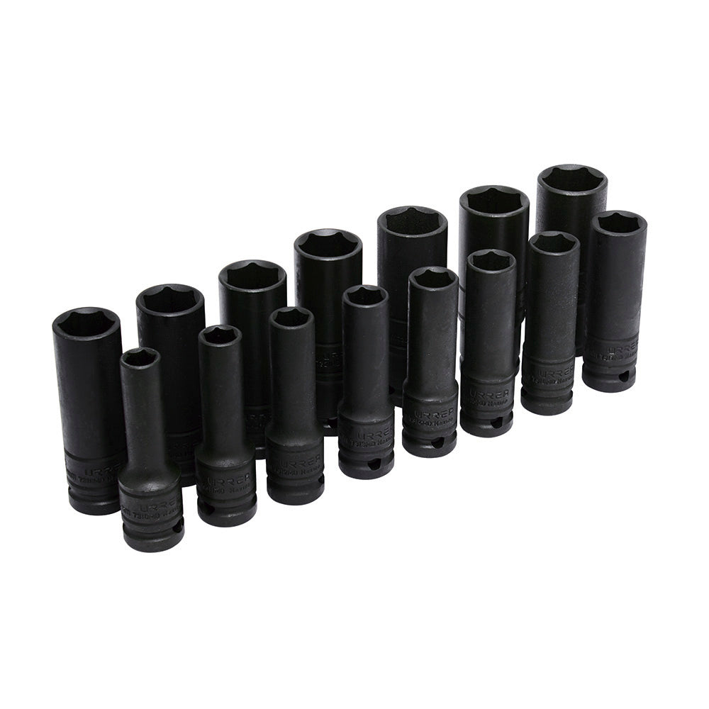 Juego de dados de impacto largos pared delgada cuadro de 1/2", 6 puntas, métricos, 15pz Urrea