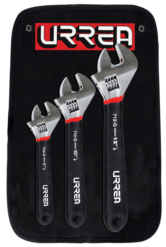 Juego de llaves ajustables cromadas con mango Rubber Grip, 3 piezas Urrea