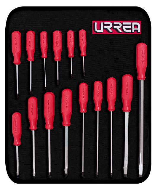 Juego de destornilladores con mango rojo, combinados, 15 piezas Urrea