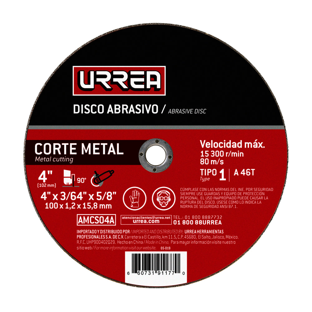 Paquete de 5 piezas de Disco abrasivo tipo 1 para metal 4" x 3/64" Urrea