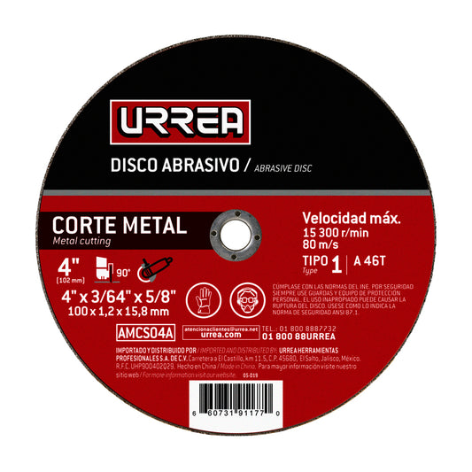 Paquete de 5 piezas de Disco abrasivo tipo 1 para metal 4" x 3/64" Urrea