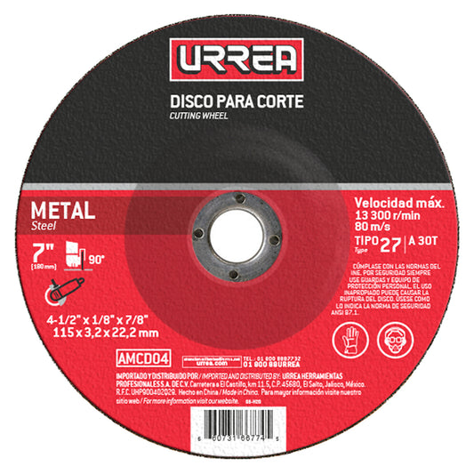 Paquete de 5 piezas de Disco abrasivo tipo 27 para metal 4-1/2" x 1/4" Urrea
