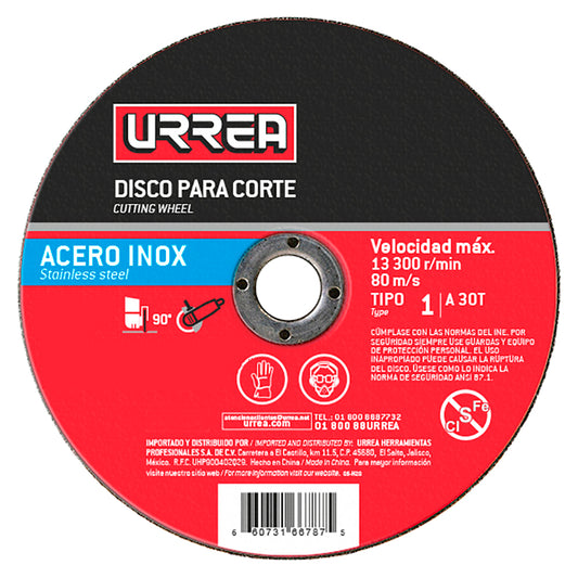 Paquete de 10 piezas de Disco abrasivo tipo 1 para acero inoxidable 4-1/2" x 3/64" Urrea