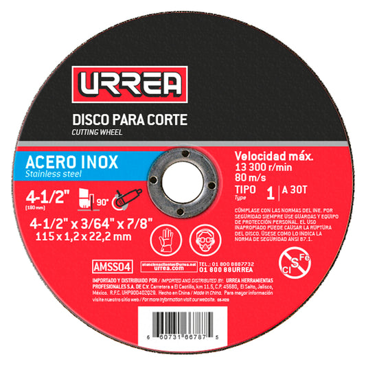 Paquete de 10 piezas de Disco abrasivo tipo 1 para acero inoxidable 7" x 5/64" Urrea