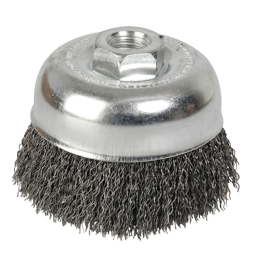 Carda copa ondulada alambre delgado 4" x 0.35 con rosca 5/8" Foy