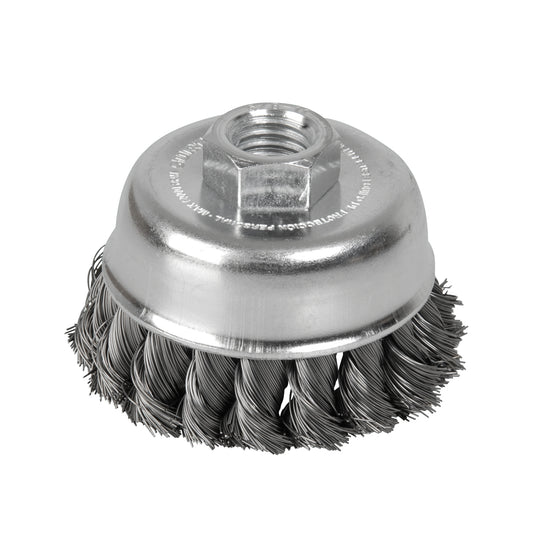 Carda copa trenzada alambre grueso acero inoxidable 4" x 0.50 mm con rosca M14 Surtek