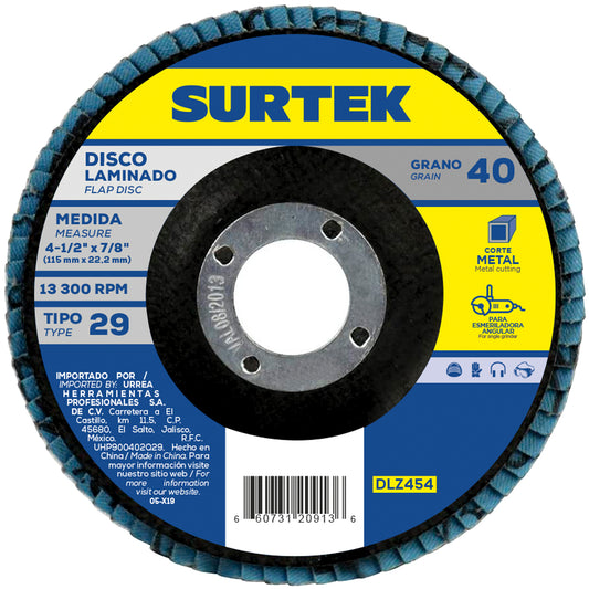 Paquete de 5 piezas de Disco laminado tipo 29 grano 80, 4-1/2" Surtek