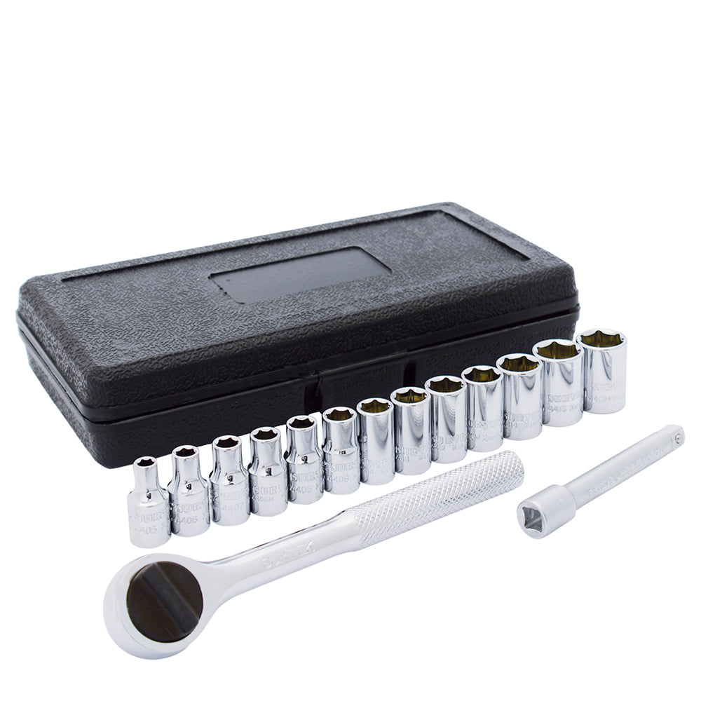 Juego de dados y accesorios cuadro de 1/4" en pulgadas, 6 puntas, 15 piezas Surtek
