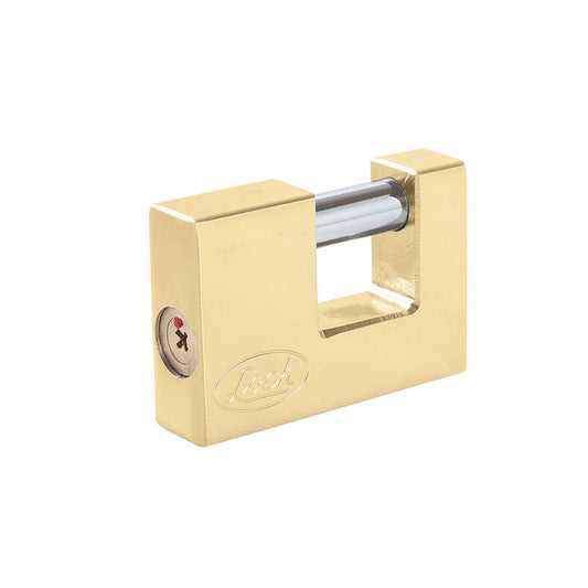 Candado de acero para cortina metálica 80 mm, latón brillante, llave tetra Lock