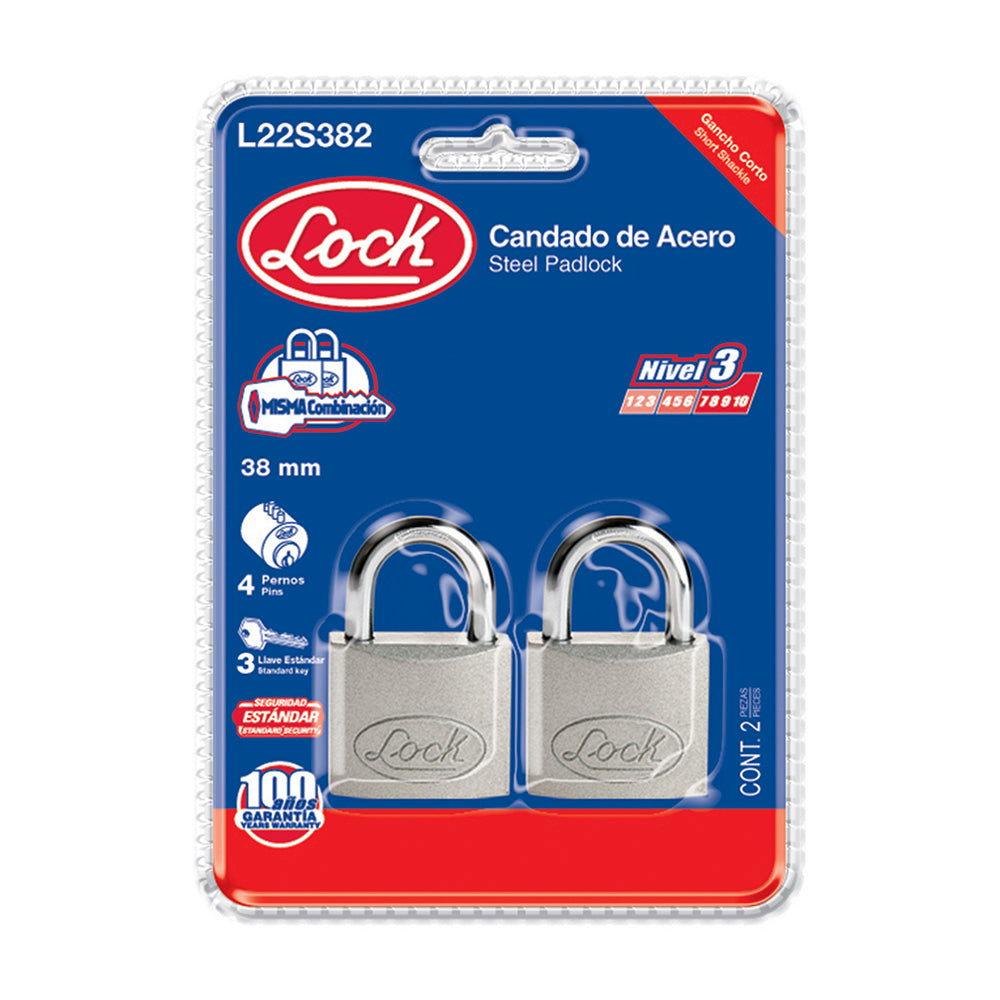 Juego de candados de acero cortos 38 mm, llave estándar, 2 piezas Lock