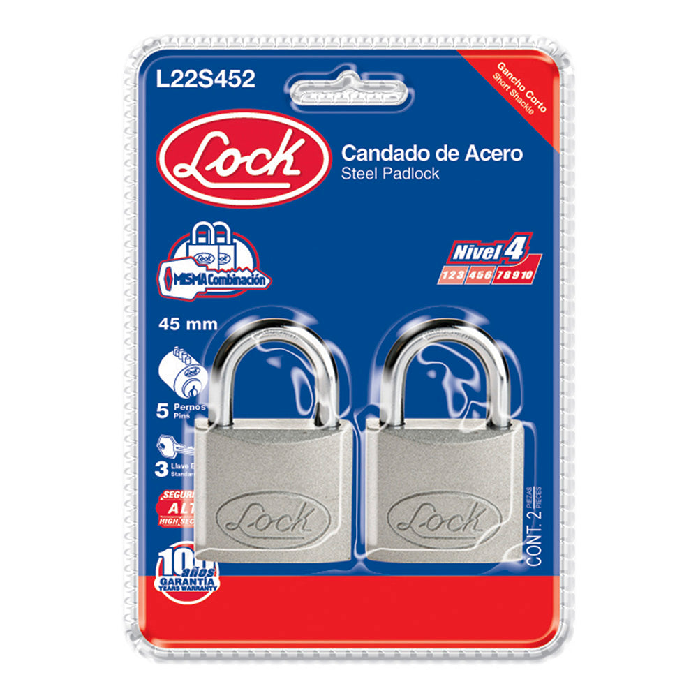 Juego de candados de acero cortos 45 mm, llave estándar, 2 piezas Lock