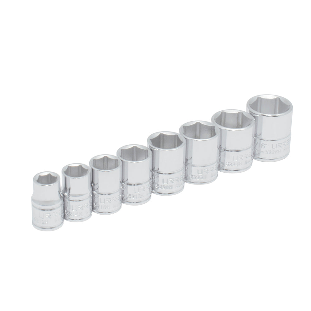 Juego de dados cuadro de 3/8", 6 puntas, en pulgadas en riel, 8 piezas Urrea