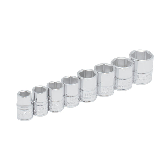 Juego de dados cuadro de 3/8", 6 puntas, en pulgadas en riel, 8 piezas Urrea