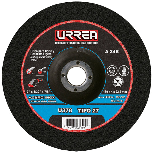 Paquete de 25 piezas de Disco abrasivo tipo 27 para acero inoxidable 7" x 5/32" Urrea